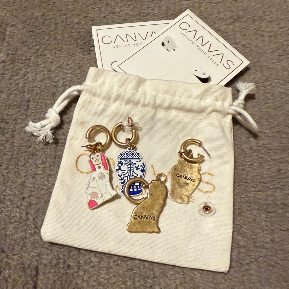 Canvas Charm Earrings Set of 2 Pink Puppy and Blue Porcelain Designs NWT